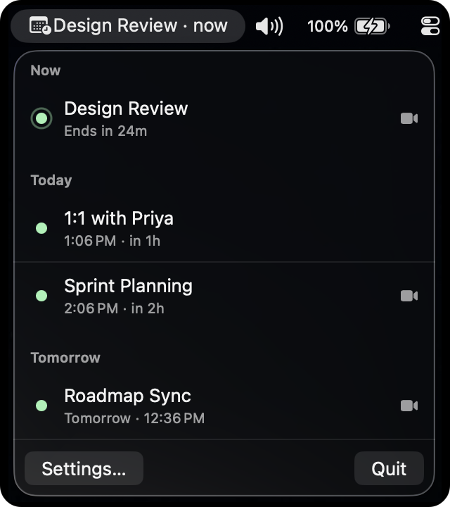 The You Have a Thing menu bar list showing upcoming meetings grouped by Now, Today, and Tomorrow